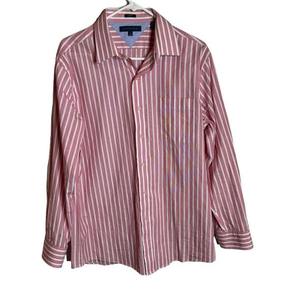 Tommy Hilfiger Red and White Striped Slim Fit Button Down Shirt size 16 - Picture 1 of 5